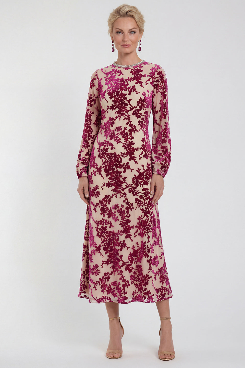 Floral Black Round Neck Midi Wedding Guest Dress with Sleeves