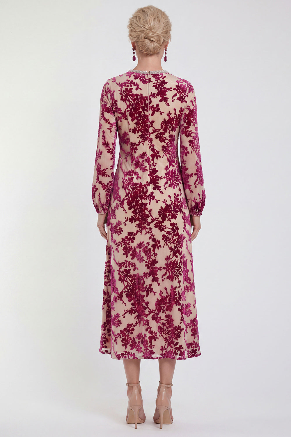 Floral Black Round Neck Midi Wedding Guest Dress with Sleeves