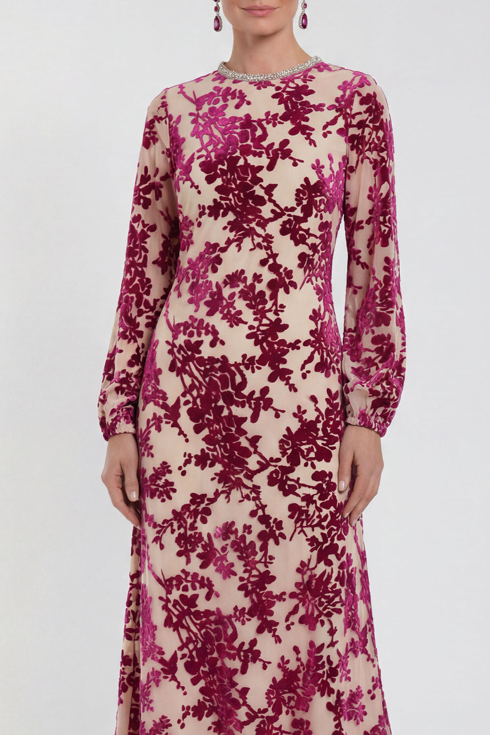 Floral Black Round Neck Midi Wedding Guest Dress with Sleeves