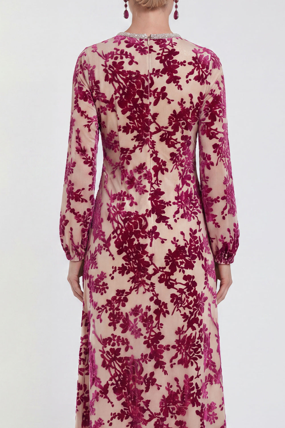 Floral Black Round Neck Midi Wedding Guest Dress with Sleeves