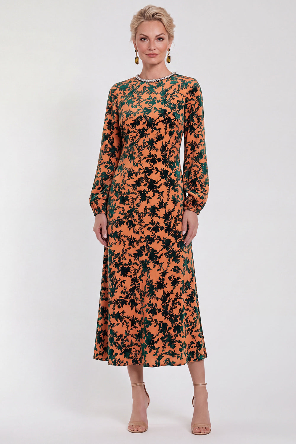 Floral Black Round Neck Midi Wedding Guest Dress with Sleeves