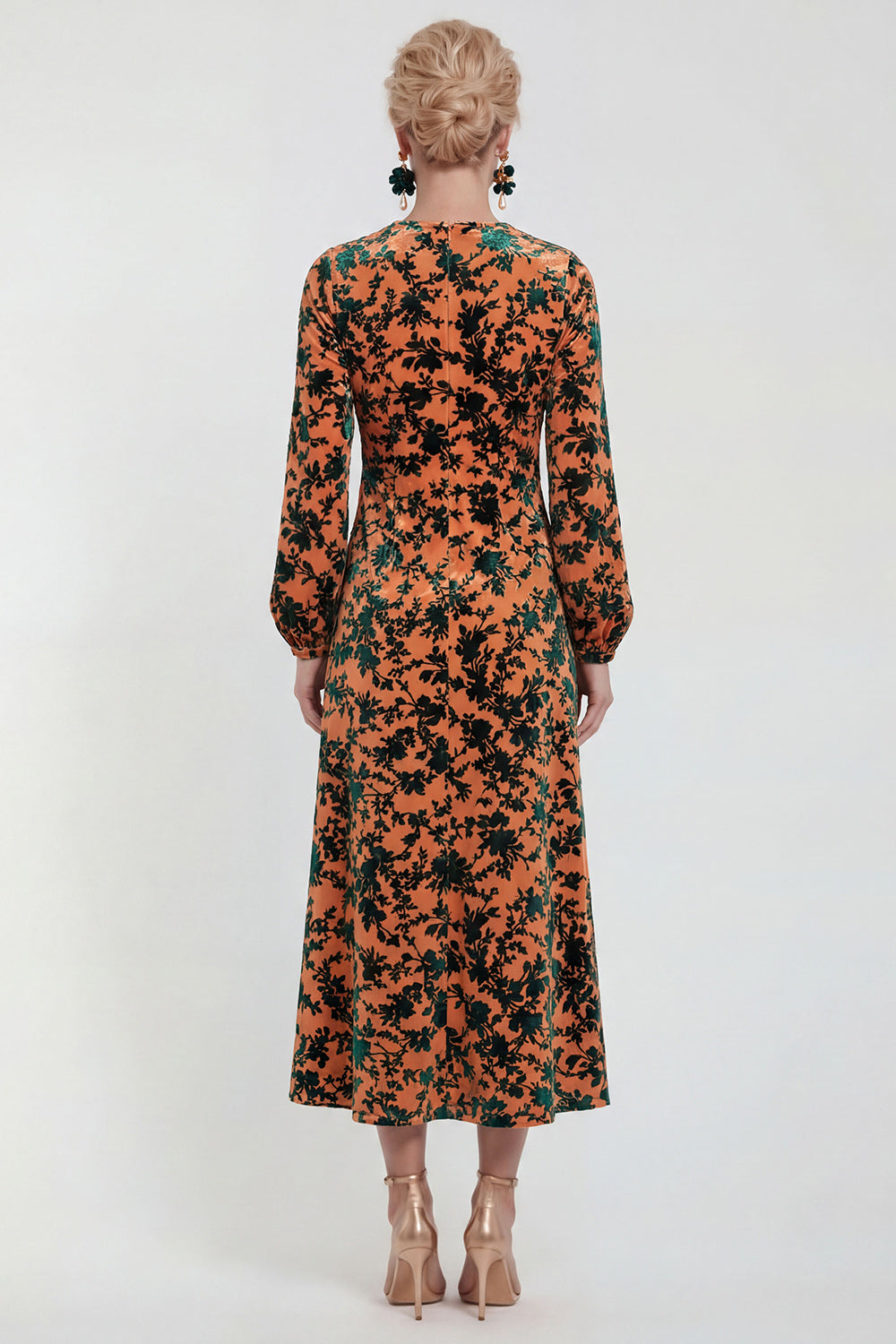 Floral Black Round Neck Midi Wedding Guest Dress with Sleeves