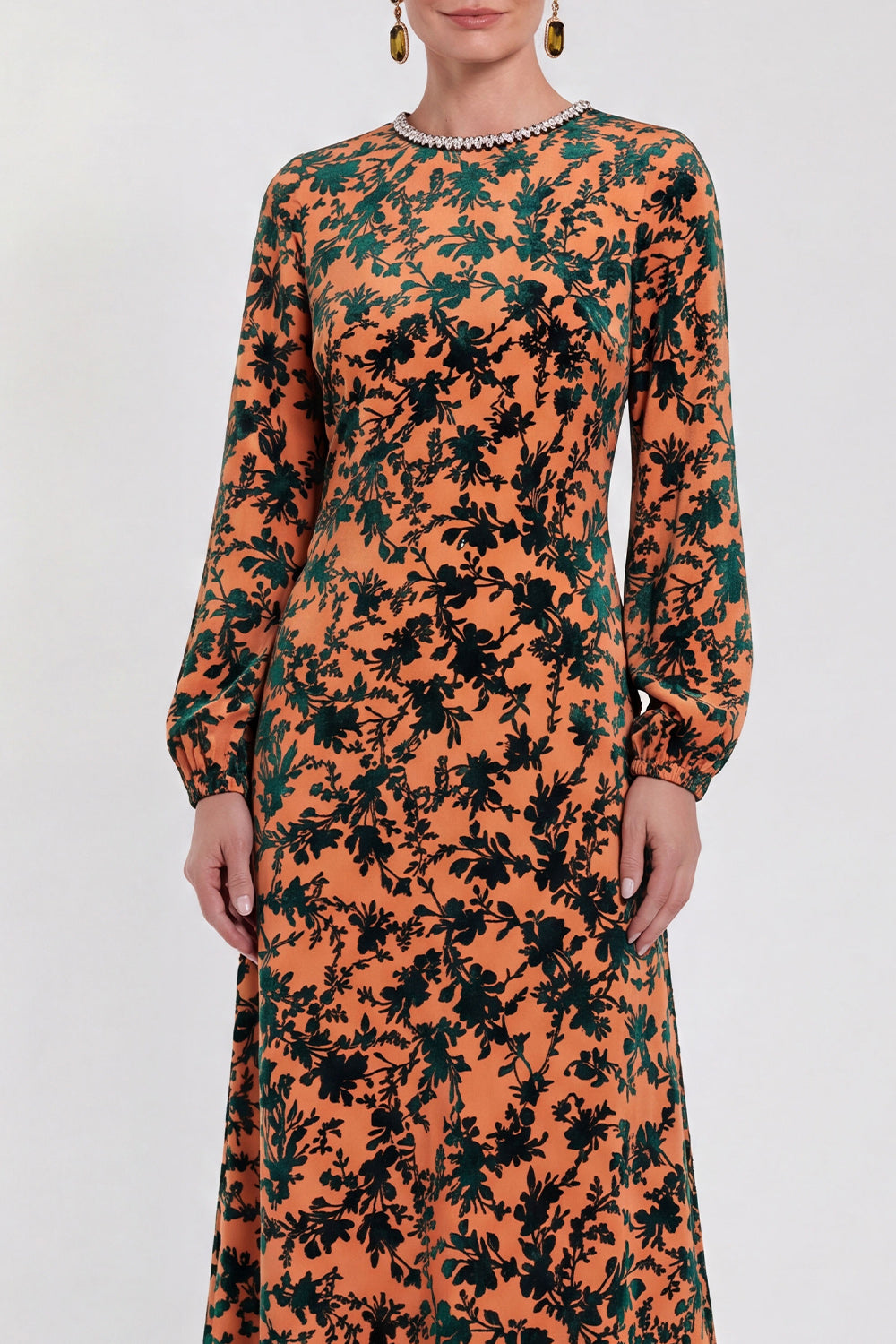Floral Black Round Neck Midi Wedding Guest Dress with Sleeves
