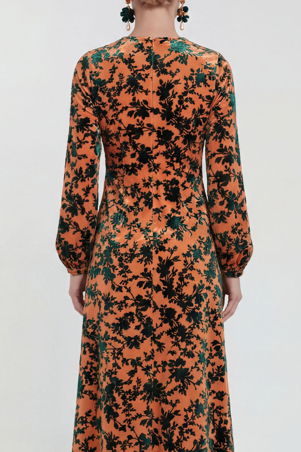 Floral Black Round Neck Midi Wedding Guest Dress with Sleeves
