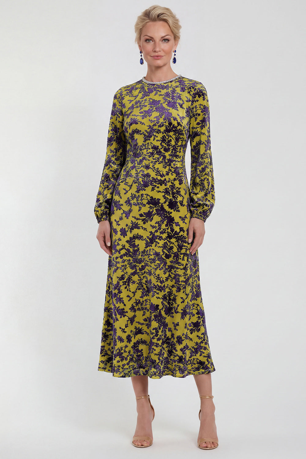 Floral Black Round Neck Midi Wedding Guest Dress with Sleeves