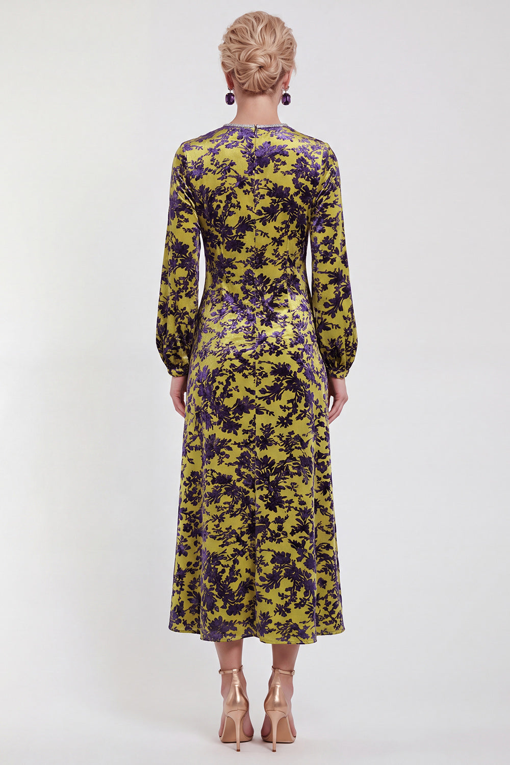 Floral Black Round Neck Midi Wedding Guest Dress with Sleeves