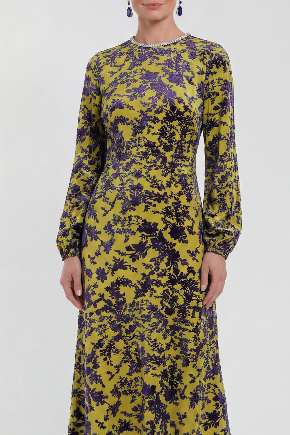 Floral Black Round Neck Midi Wedding Guest Dress with Sleeves