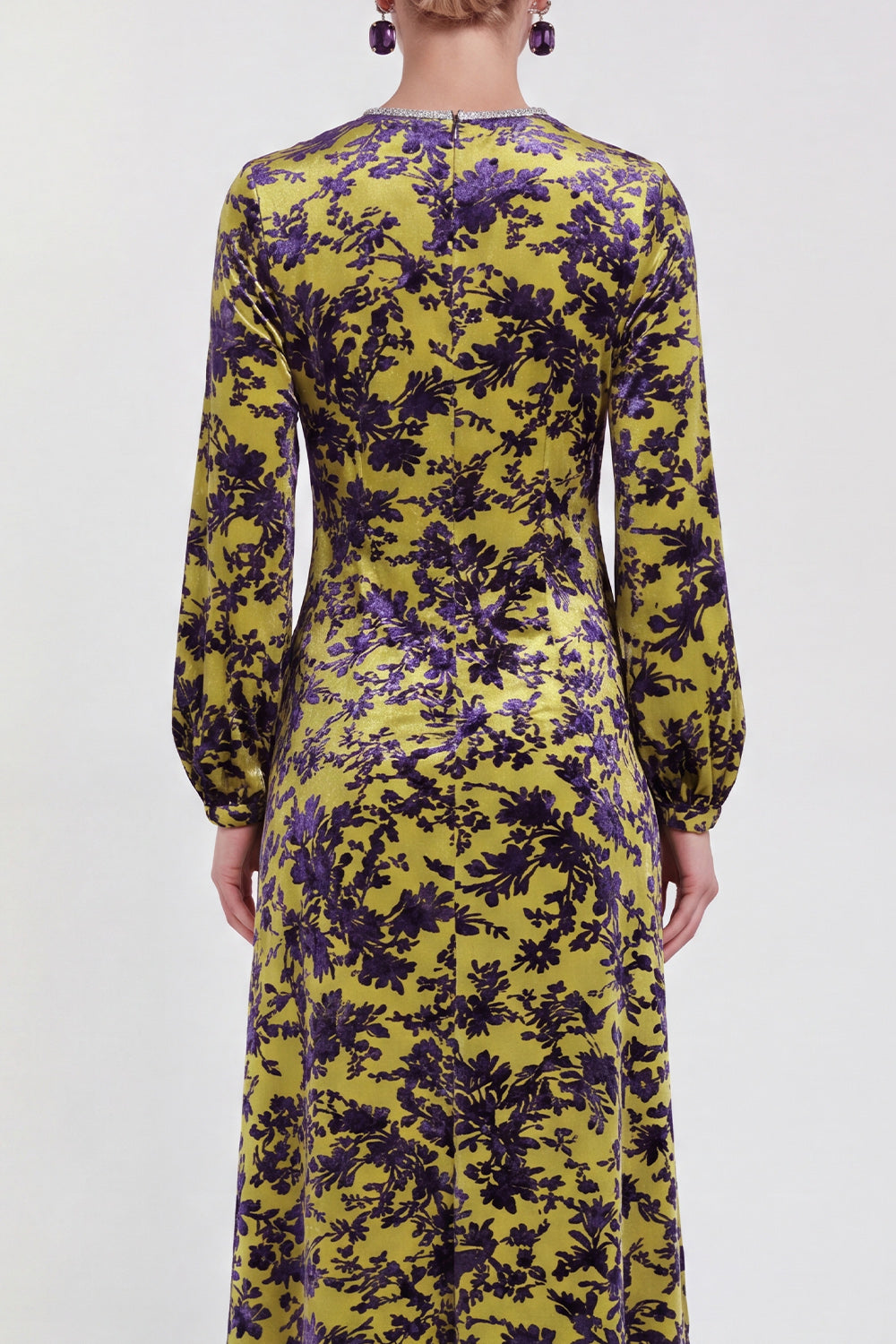 Floral Black Round Neck Midi Wedding Guest Dress with Sleeves