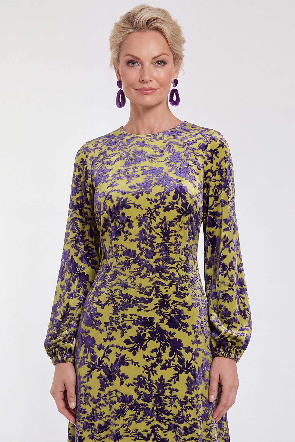 Floral Black Round Neck Midi Wedding Guest Dress with Sleeves