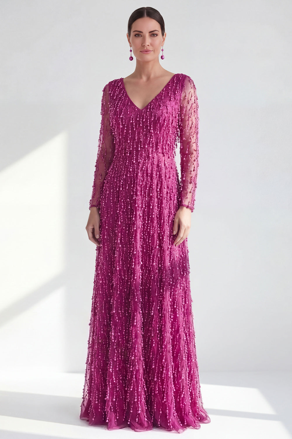 Sparkly Fuchsia A Line Beaded Long Wedding Guest Dress