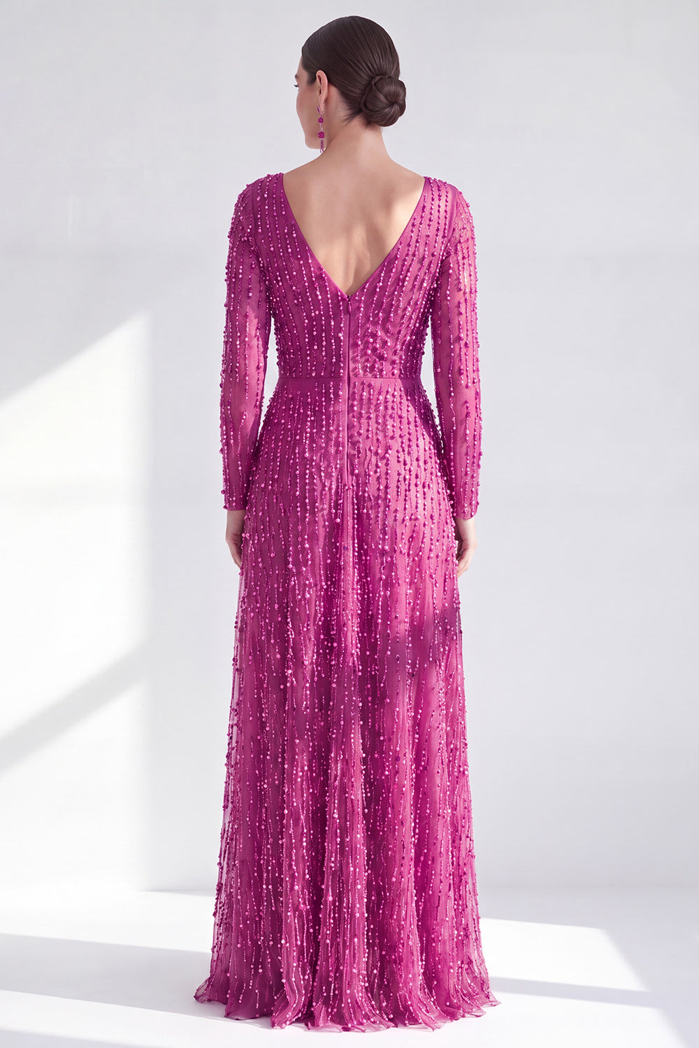 Sparkly Fuchsia A Line Beaded Long Wedding Guest Dress