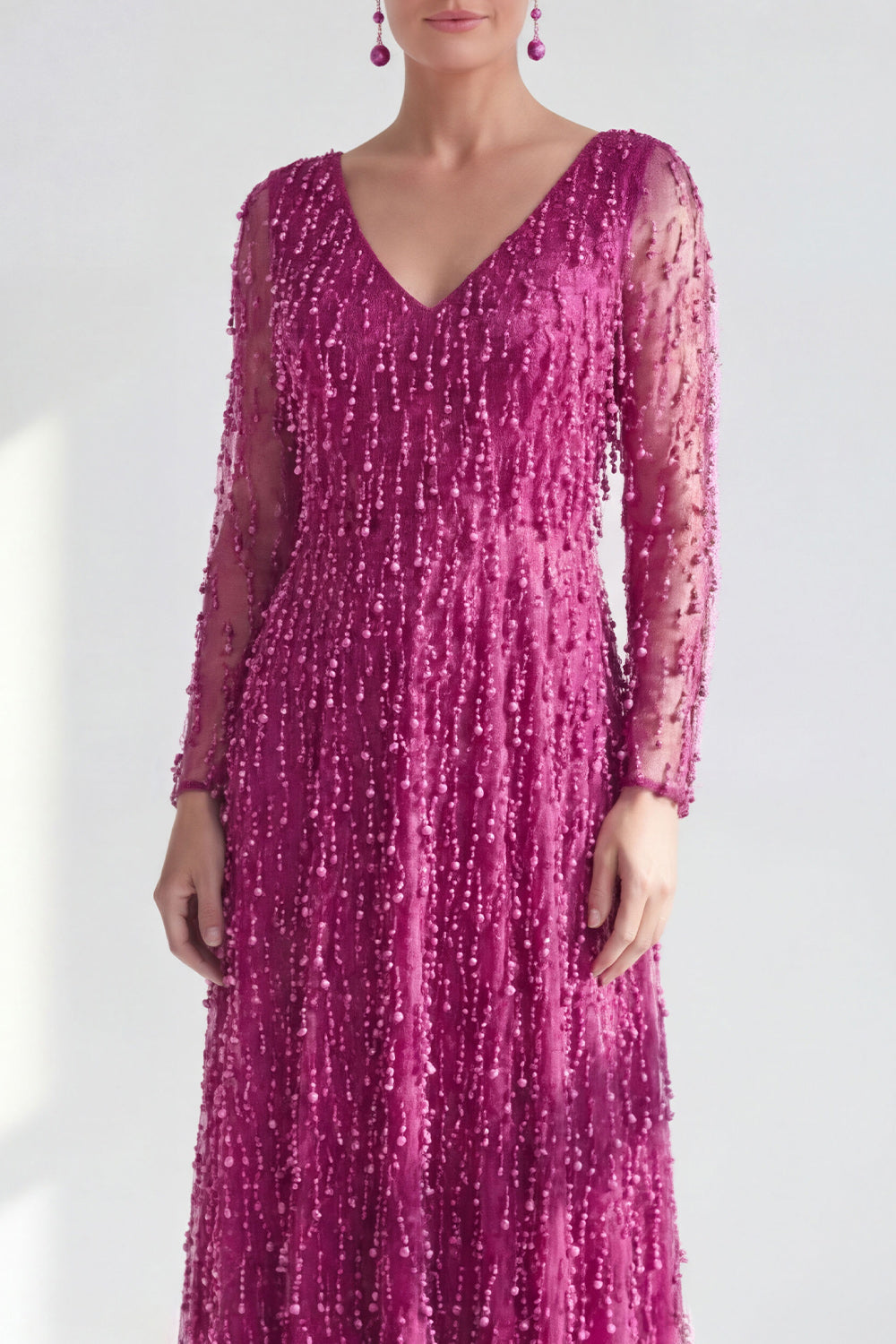 Sparkly Fuchsia A Line Beaded Long Wedding Guest Dress