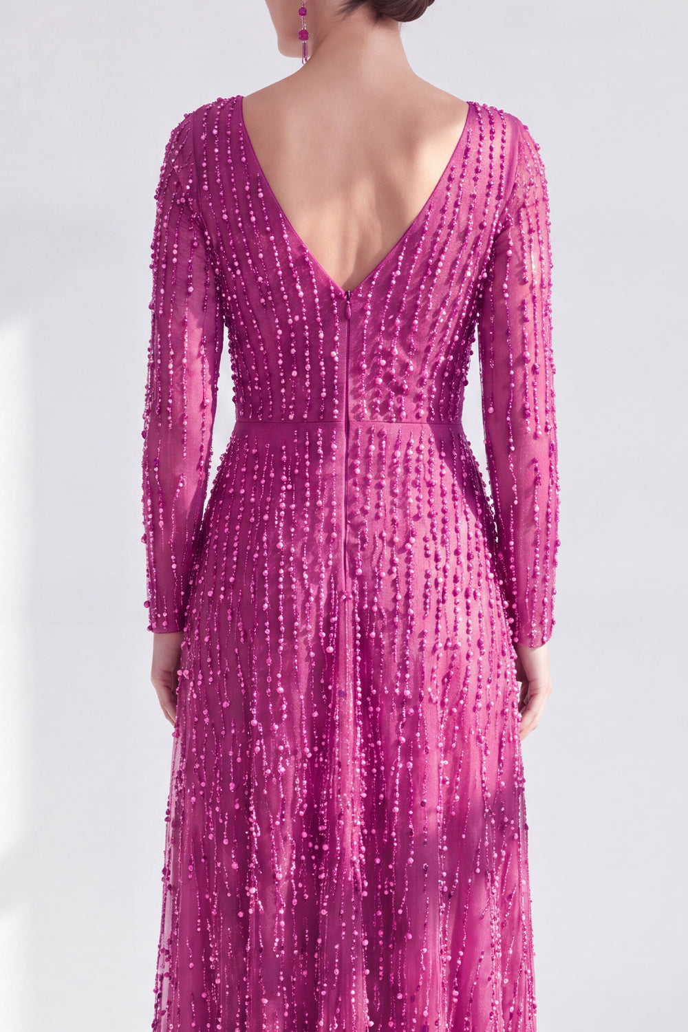 Sparkly Fuchsia A Line Beaded Long Wedding Guest Dress