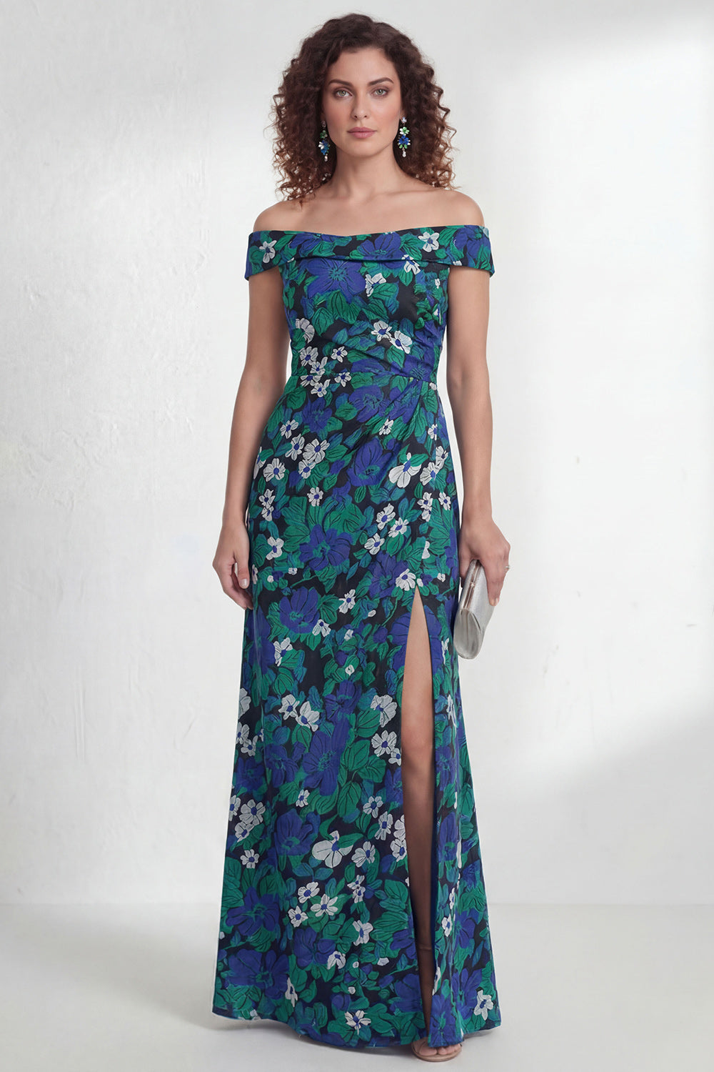Green Flower Mermaid Off the Shoulder Ruched Long Wedding Guest Dress with Slit