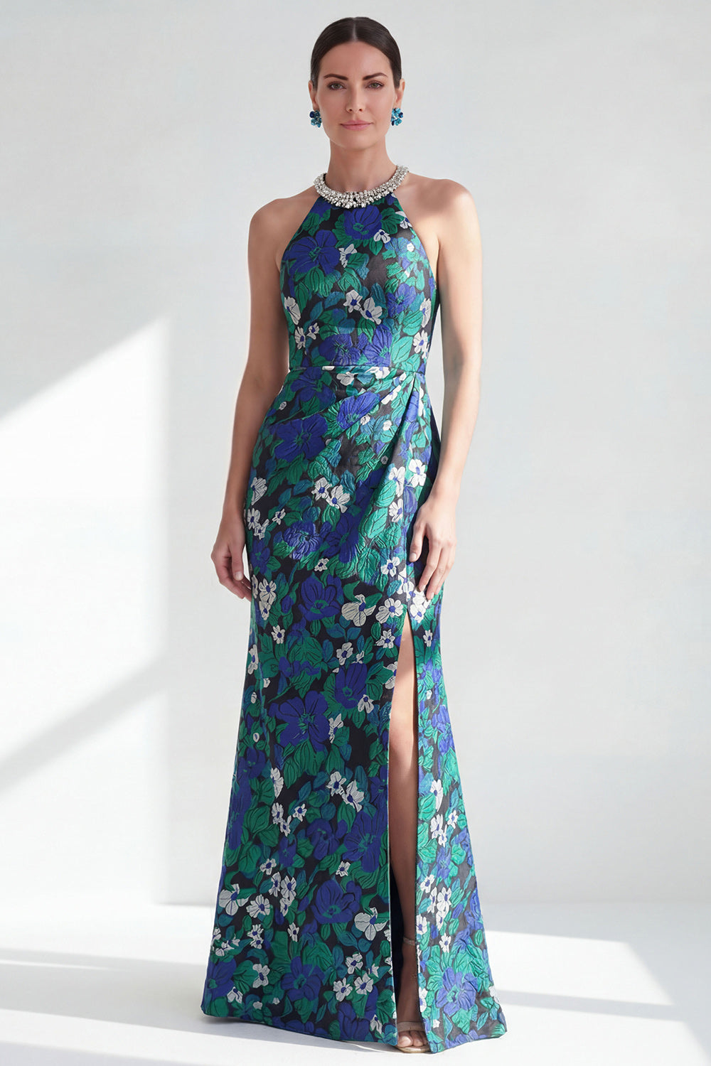 Green Flower Halter Mermaid Long Wedding Guest Dress with Slit