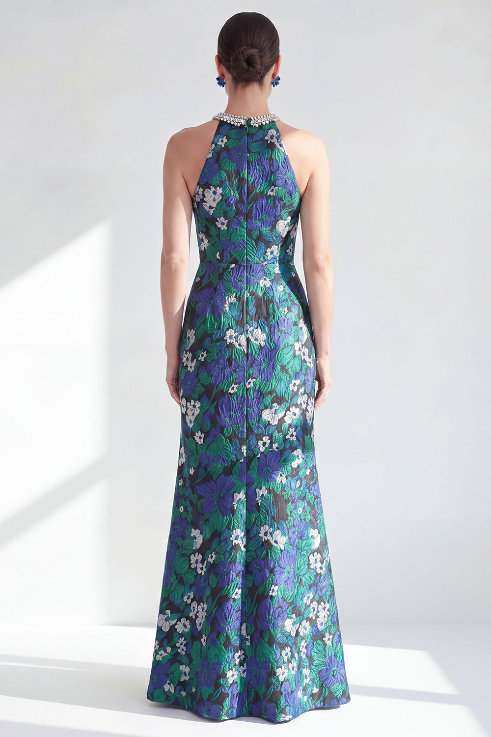Green Flower Halter Mermaid Long Wedding Guest Dress with Slit