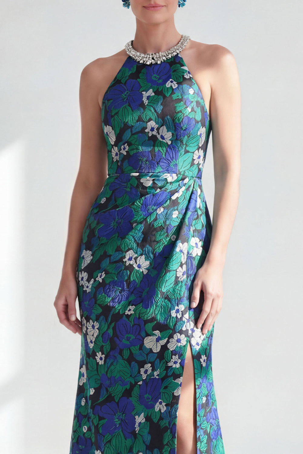 Green Flower Halter Mermaid Long Wedding Guest Dress with Slit