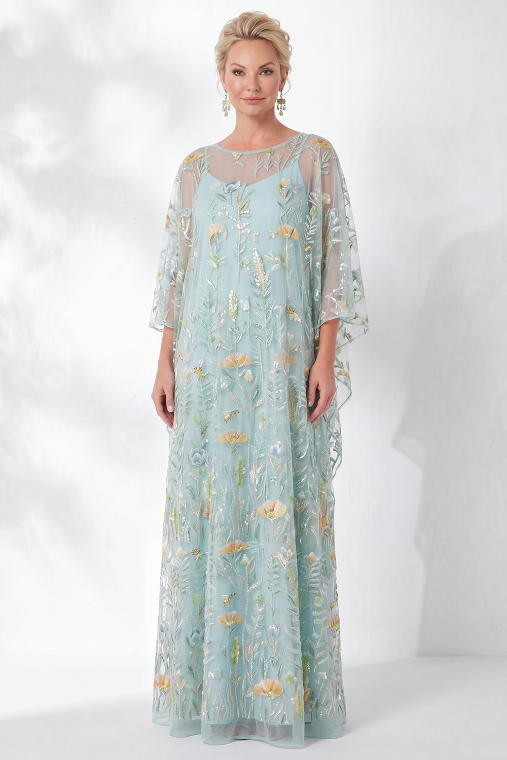 Green Floral Sheath Sparkly Long Wedding Guest Dress with Sleeves