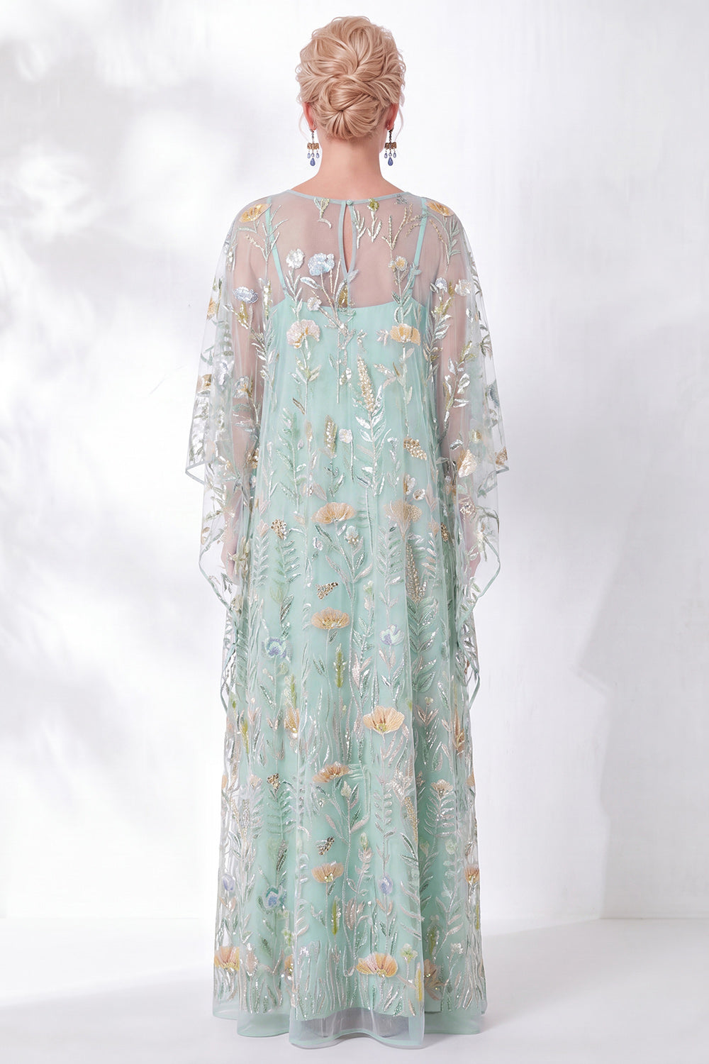Green Floral Sheath Sparkly Long Wedding Guest Dress with Sleeves