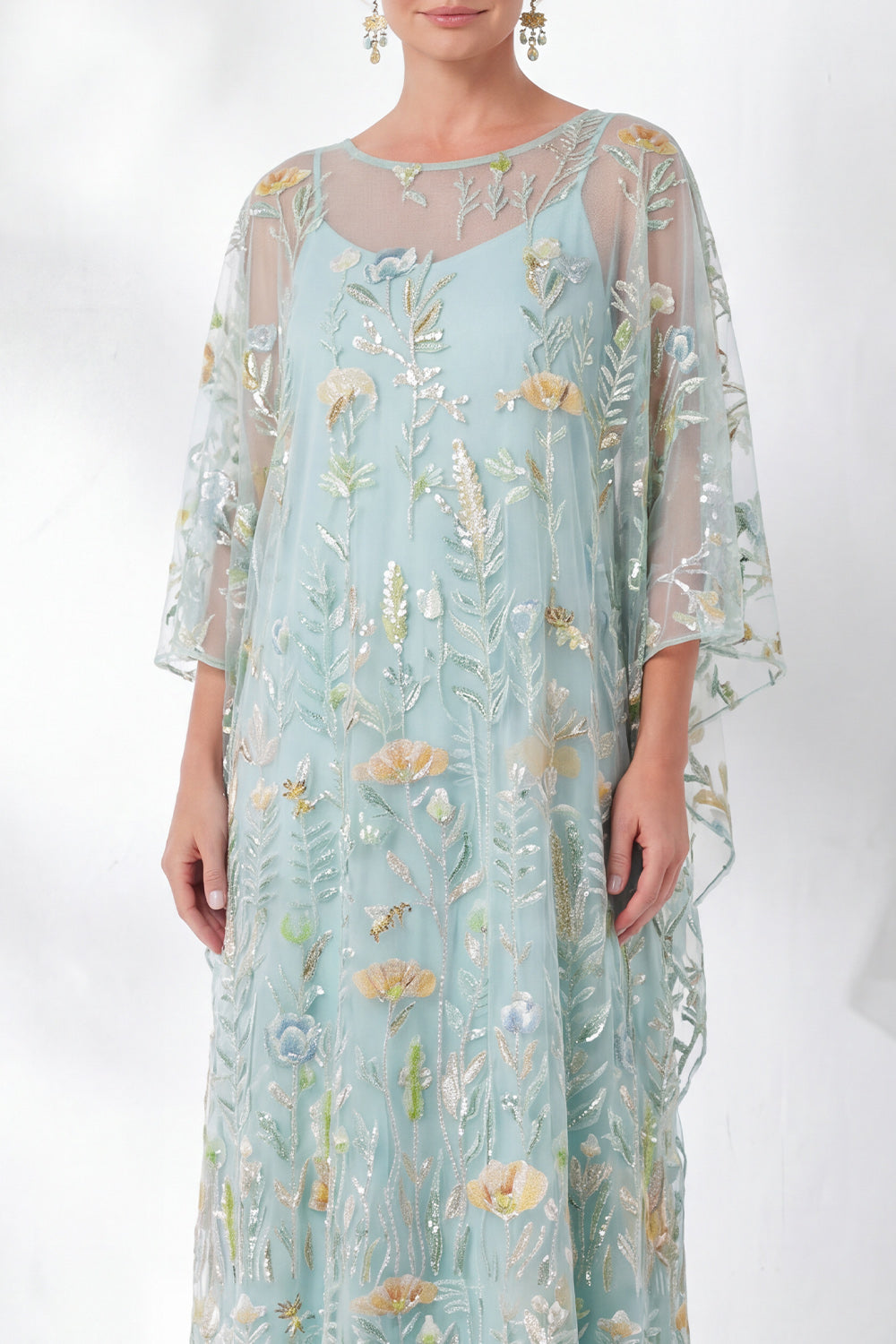 Green Floral Sheath Sparkly Long Wedding Guest Dress with Sleeves