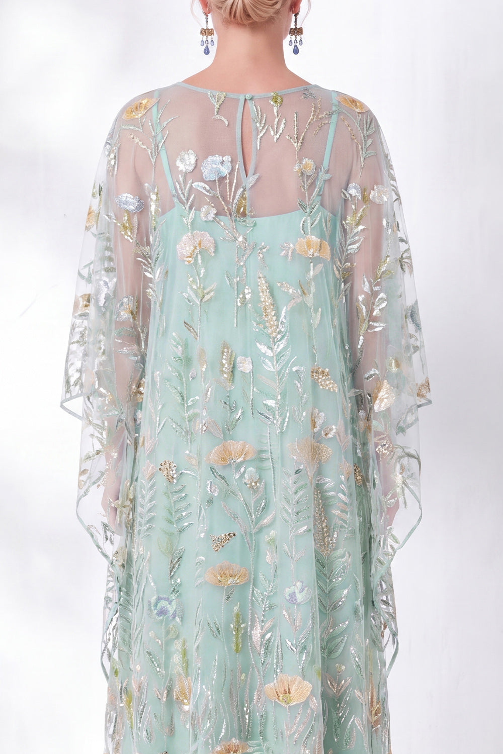 Green Floral Sheath Sparkly Long Wedding Guest Dress with Sleeves