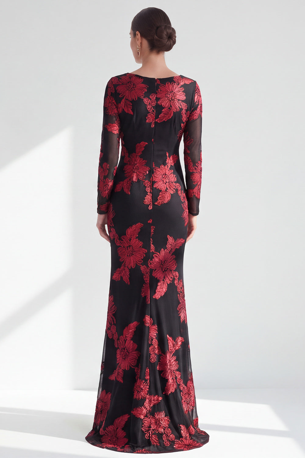 Black Red Champagne Long Sleeves Floral Illusion Boat Neck Wedding Guest Dress