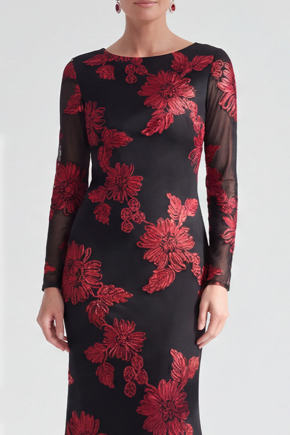 Black Red Champagne Long Sleeves Floral Illusion Boat Neck Wedding Guest Dress