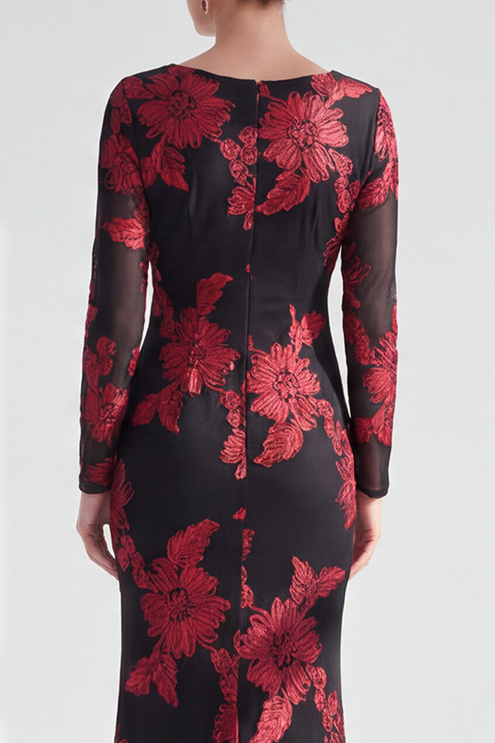 Black Red Champagne Long Sleeves Floral Illusion Boat Neck Wedding Guest Dress