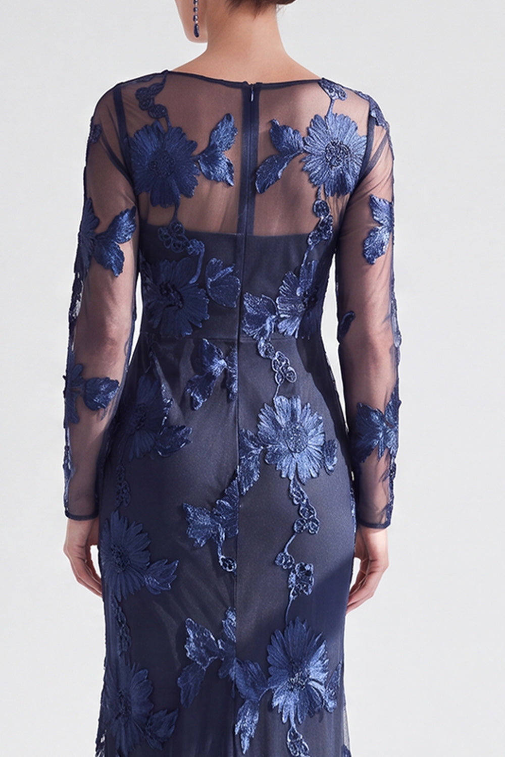 Black Red Champagne Long Sleeves Floral Illusion Boat Neck Wedding Guest Dress