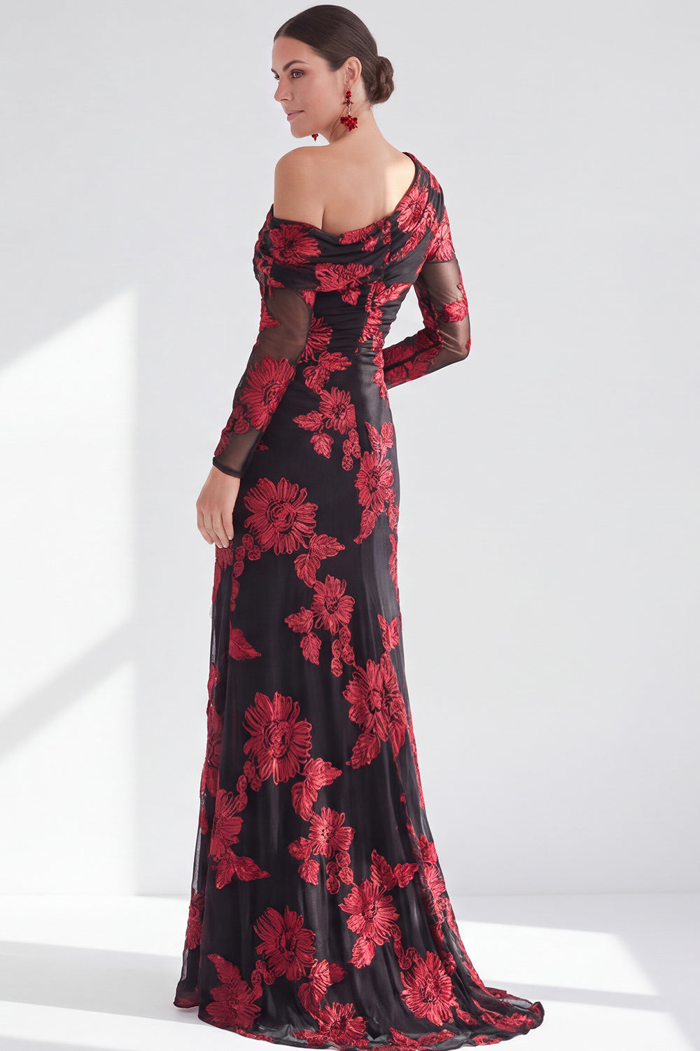 Navy Champagne Floral One Shoulder Long Wedding Guest Dress with Slit