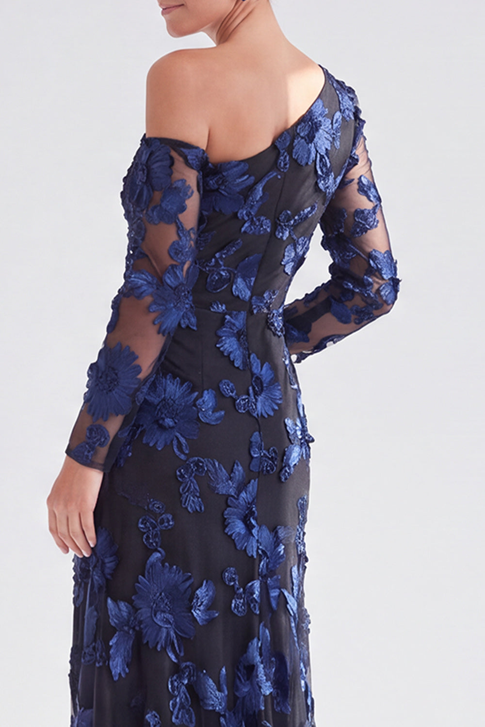 Navy Champagne Floral One Shoulder Long Wedding Guest Dress with Slit