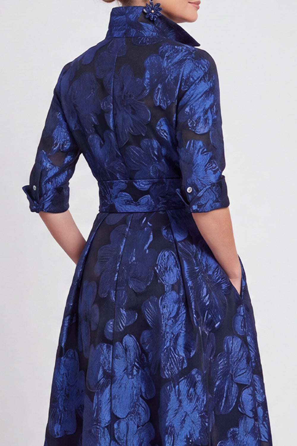 Navy Floral A Line Jacquard Long Wedding Guest Dress with Bow