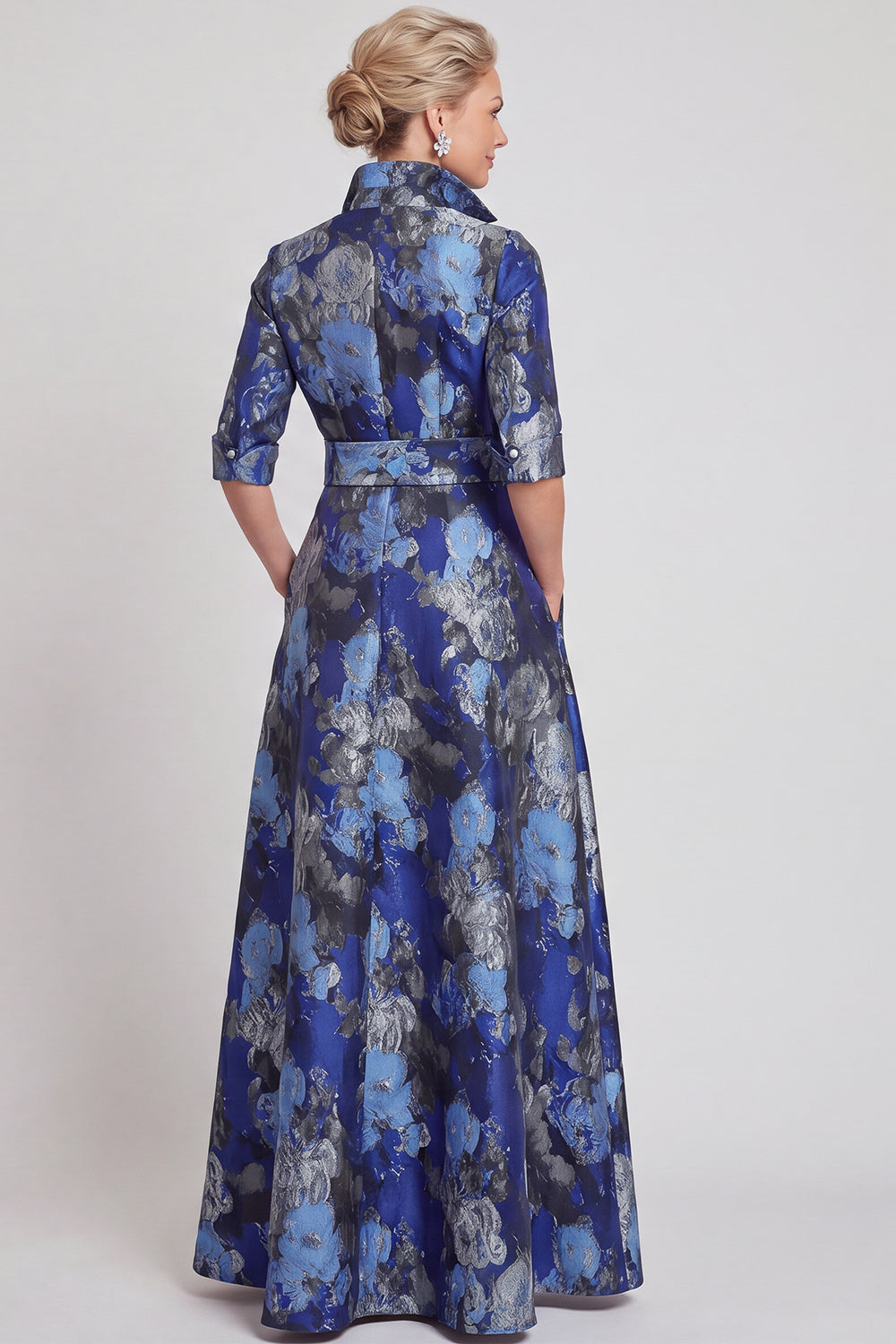 Navy Floral A Line Jacquard Long Wedding Guest Dress with Bow