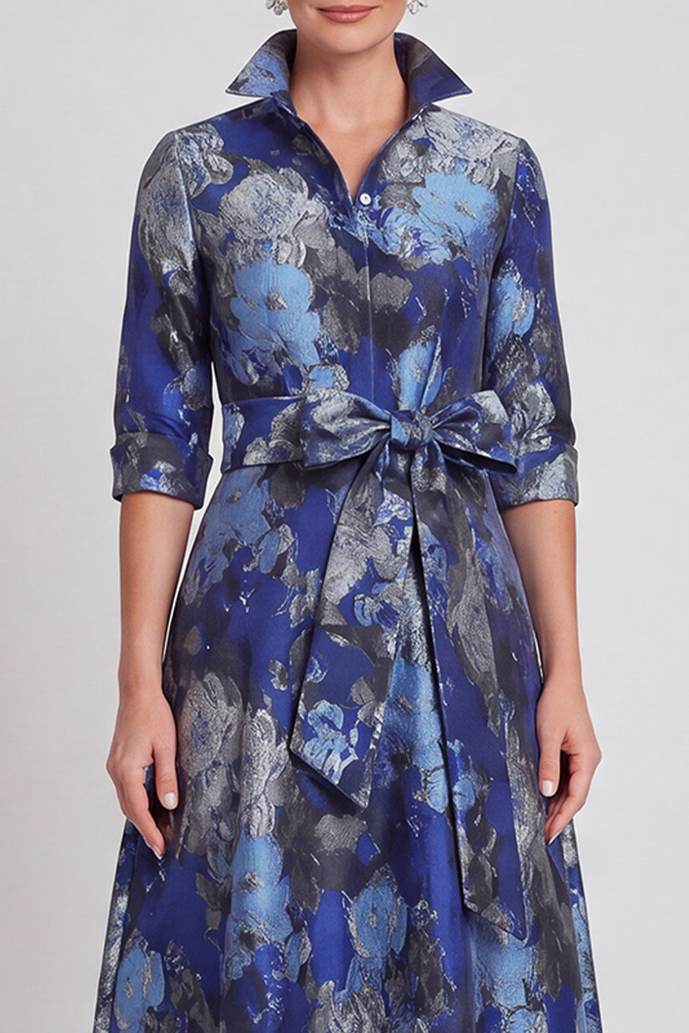Navy Floral A Line Jacquard Long Wedding Guest Dress with Bow