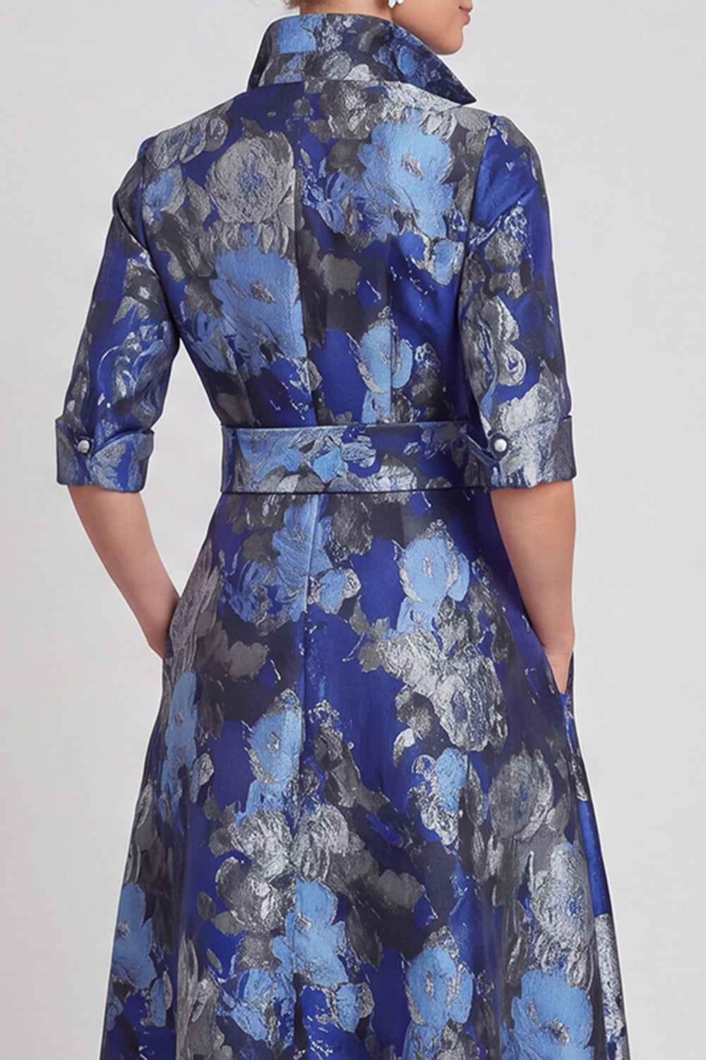 Navy Floral A Line Jacquard Long Wedding Guest Dress with Bow