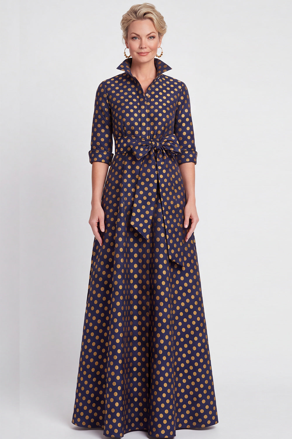 Navy Floral A Line Jacquard Long Wedding Guest Dress with Bow