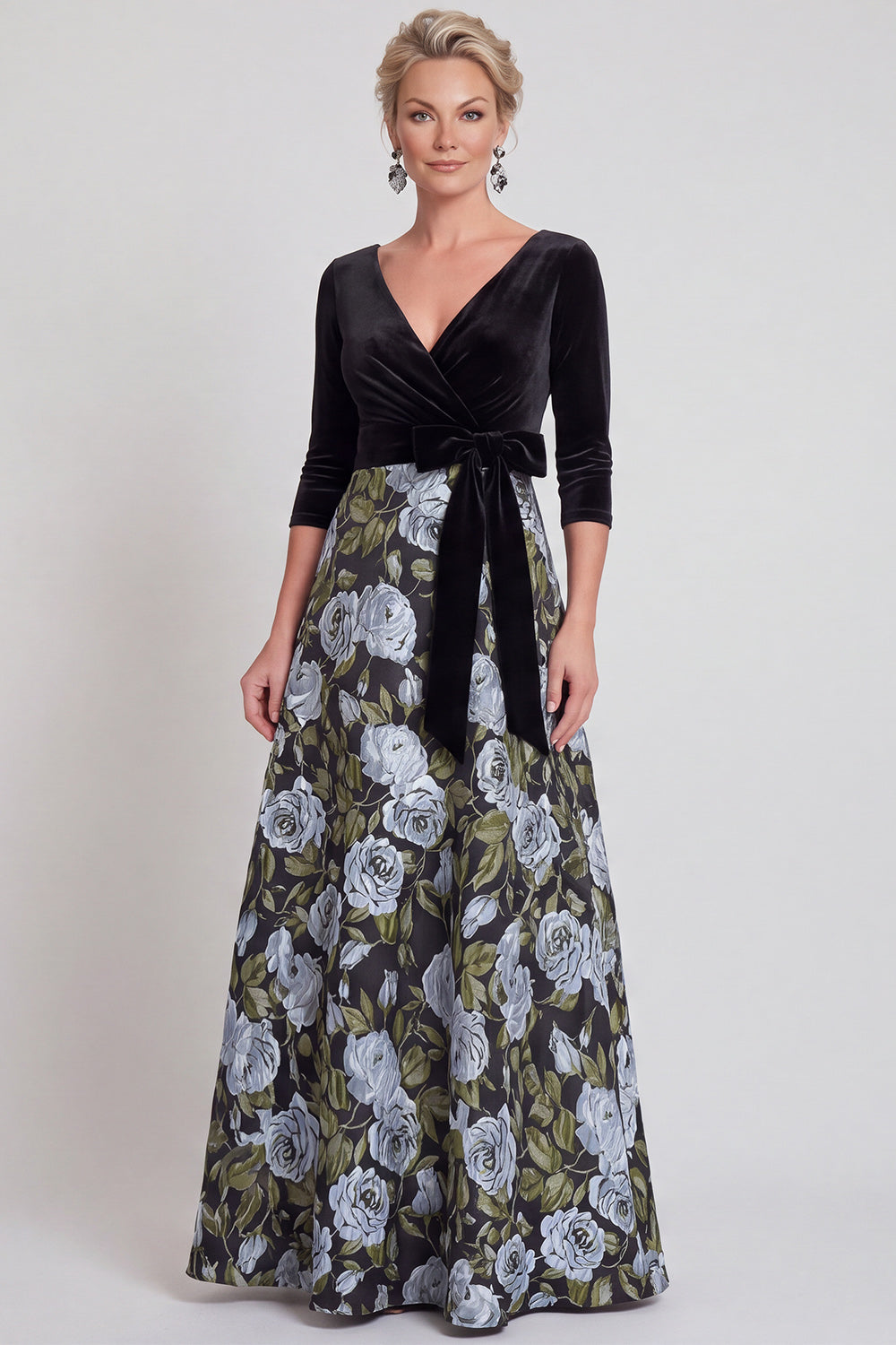Blue Flower A Line Velvet Long Wedding Guest Dress with Bow