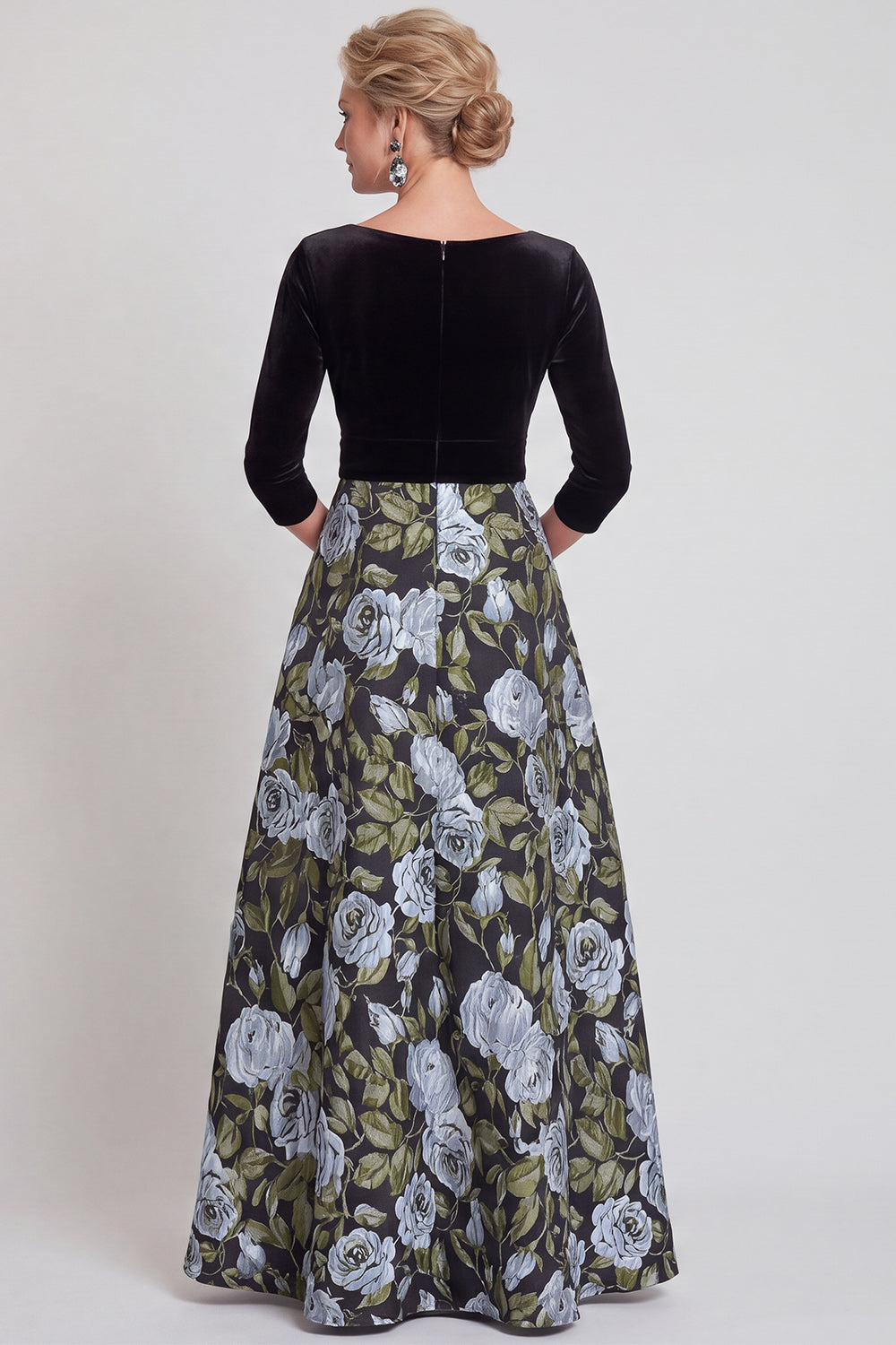 Blue Flower A Line Velvet Long Wedding Guest Dress with Bow