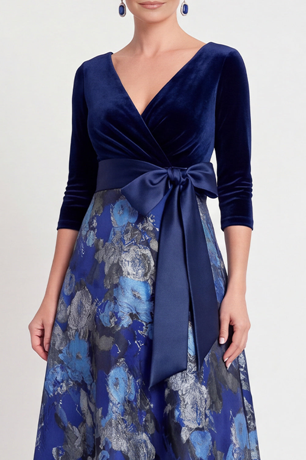 Blue Flower A Line Velvet Long Wedding Guest Dress with Bow
