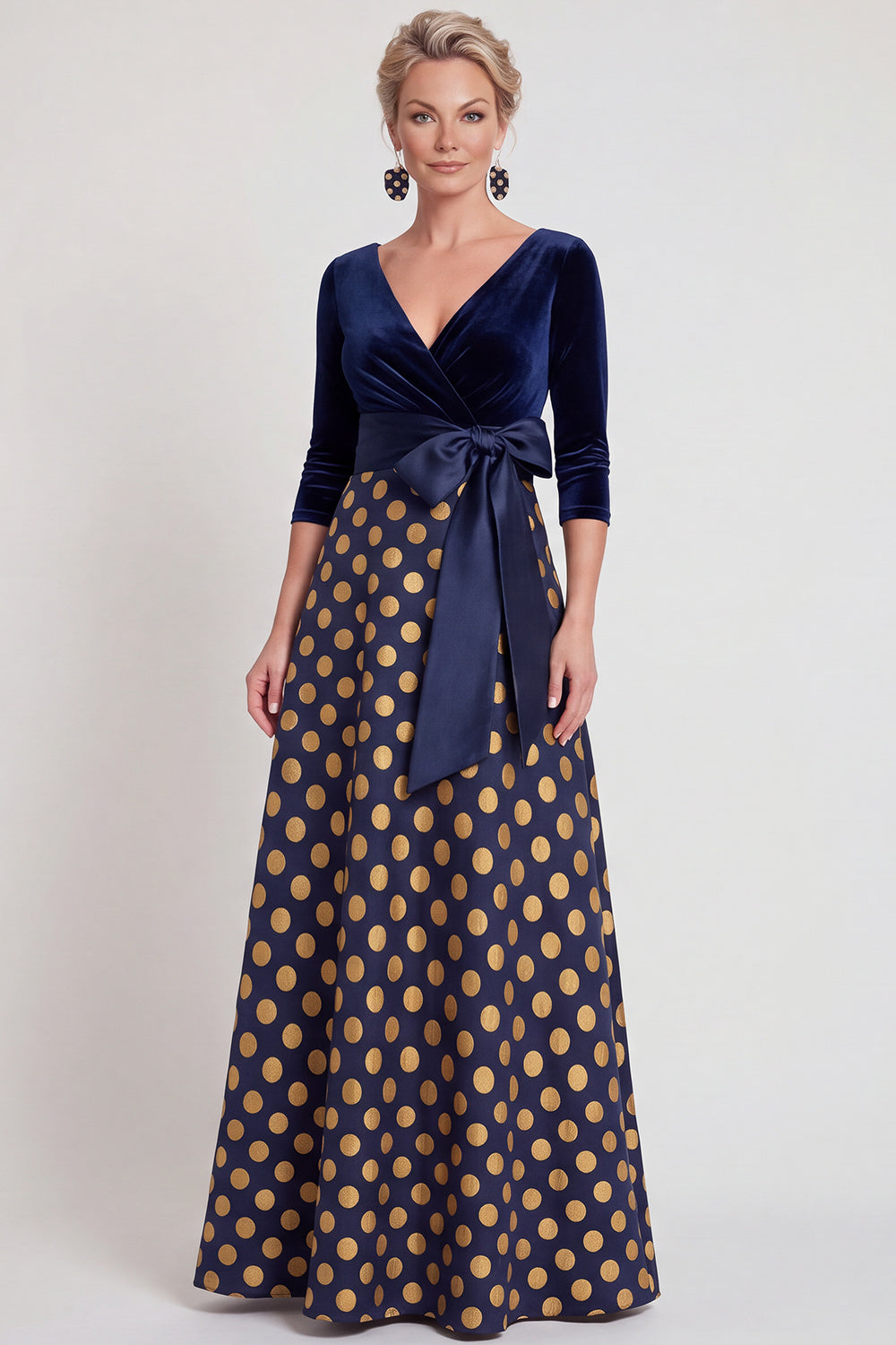 Blue Flower A Line Velvet Long Wedding Guest Dress with Bow