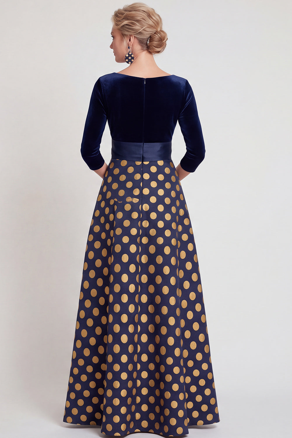 Blue Flower A Line Velvet Long Wedding Guest Dress with Bow