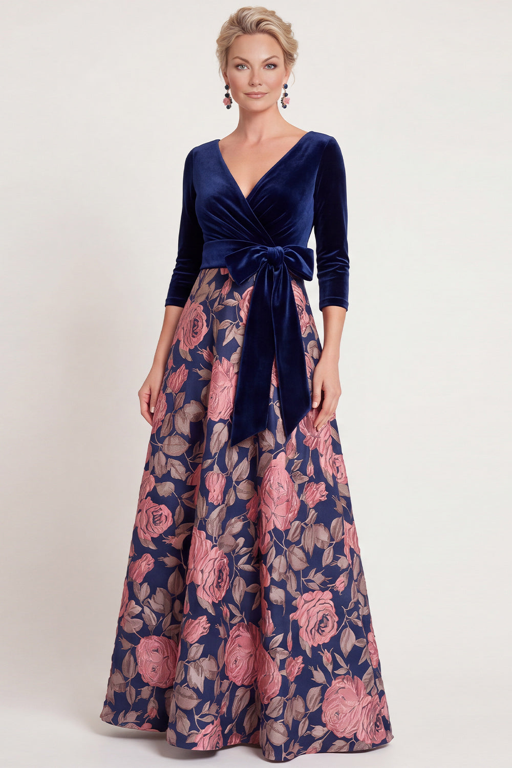 Blue Flower A Line Velvet Long Wedding Guest Dress with Bow