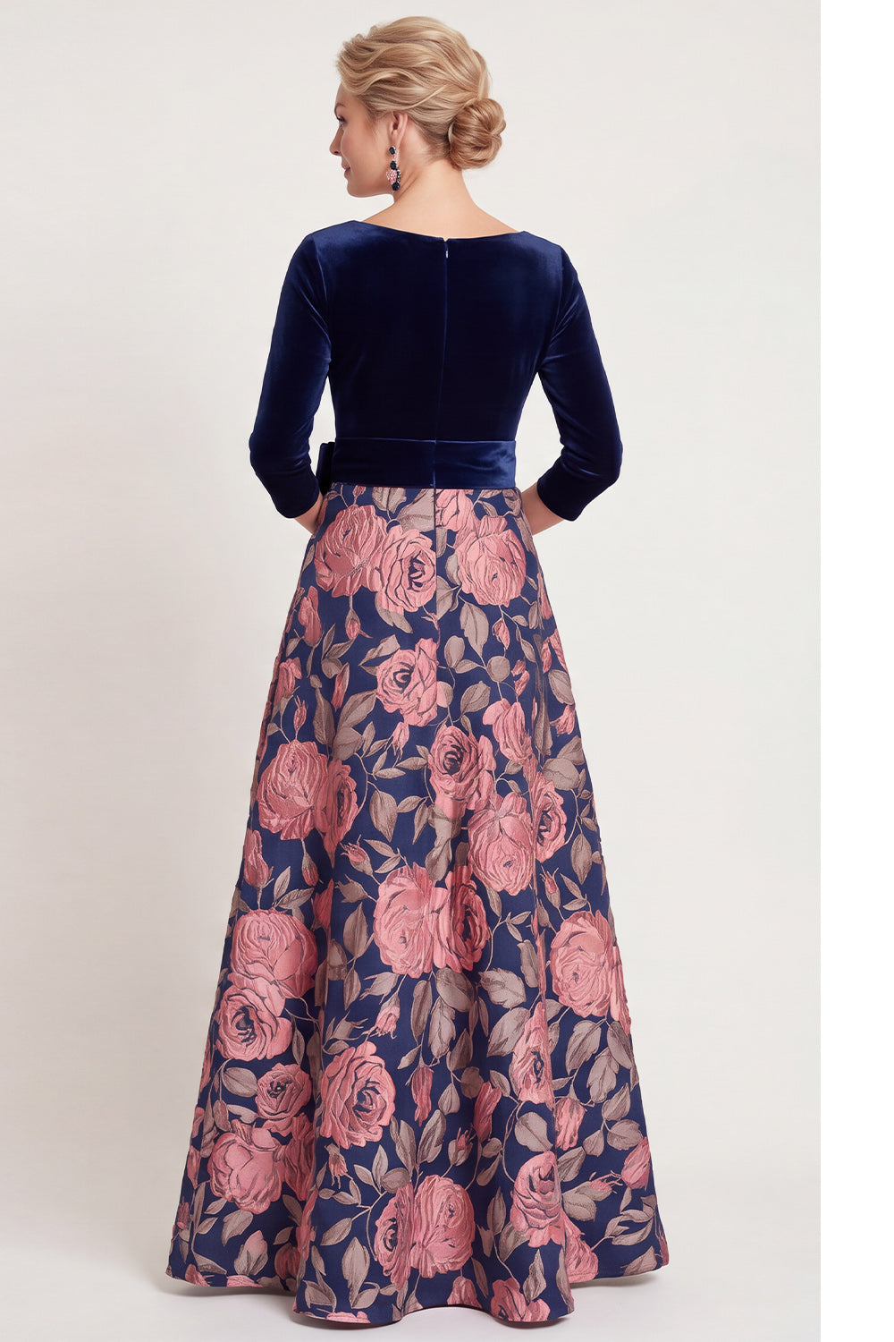 Blue Flower A Line Velvet Long Wedding Guest Dress with Bow