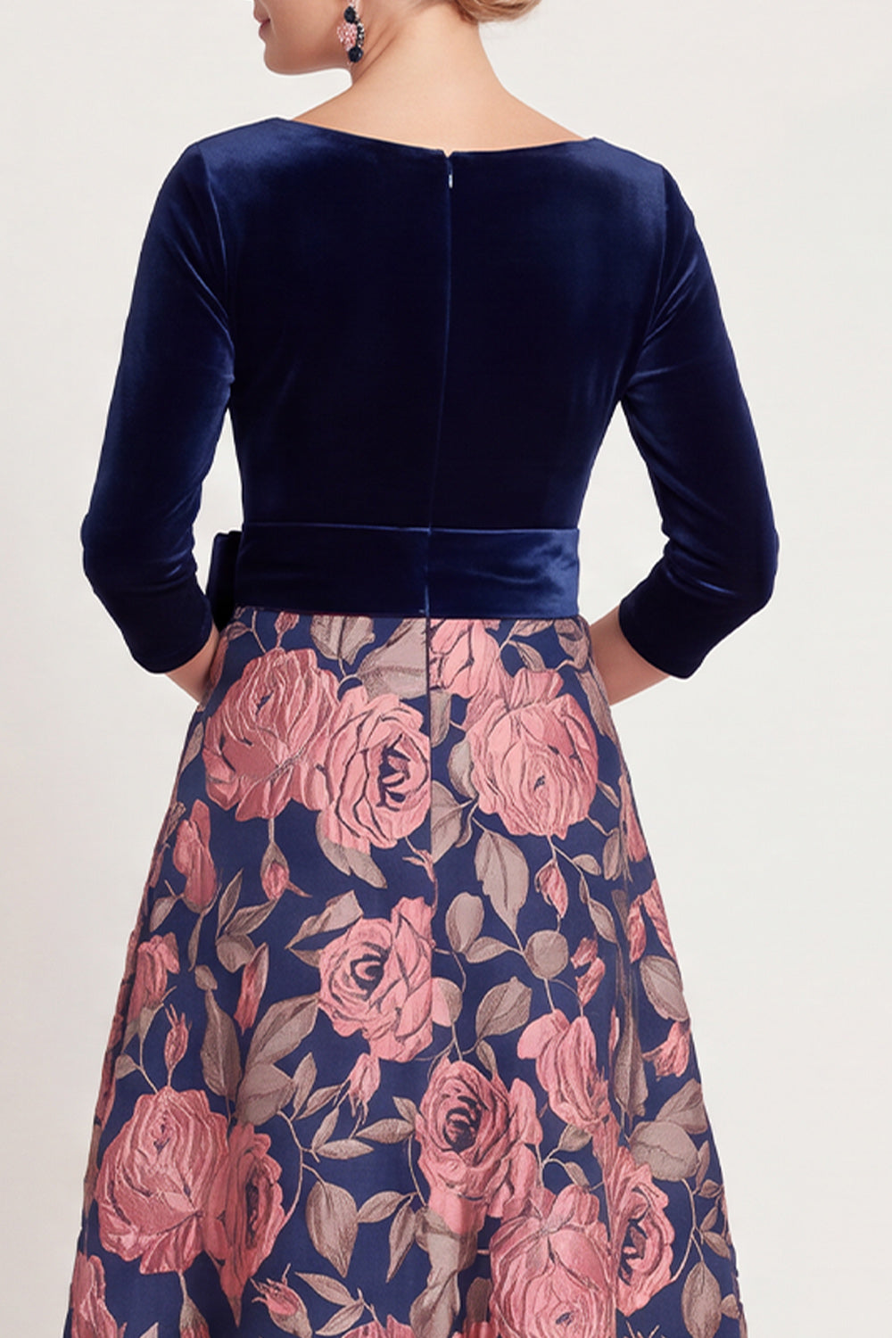 Blue Flower A Line Velvet Long Wedding Guest Dress with Bow