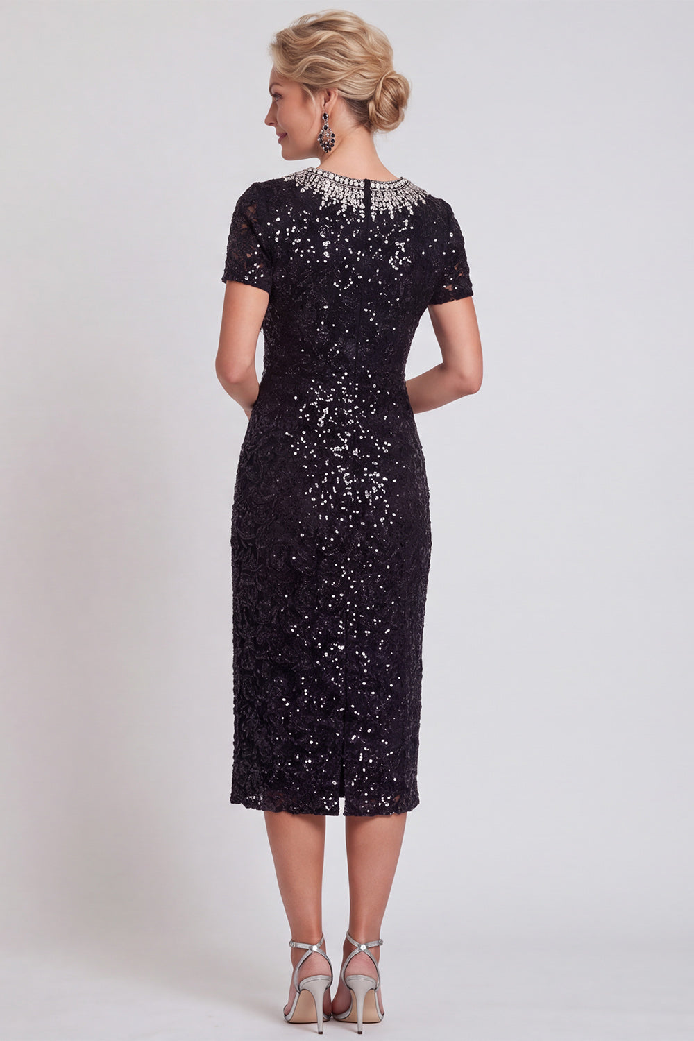 Black Sparkly Sequin Bodycon Midi Wedding Guest Dress with Sleeves