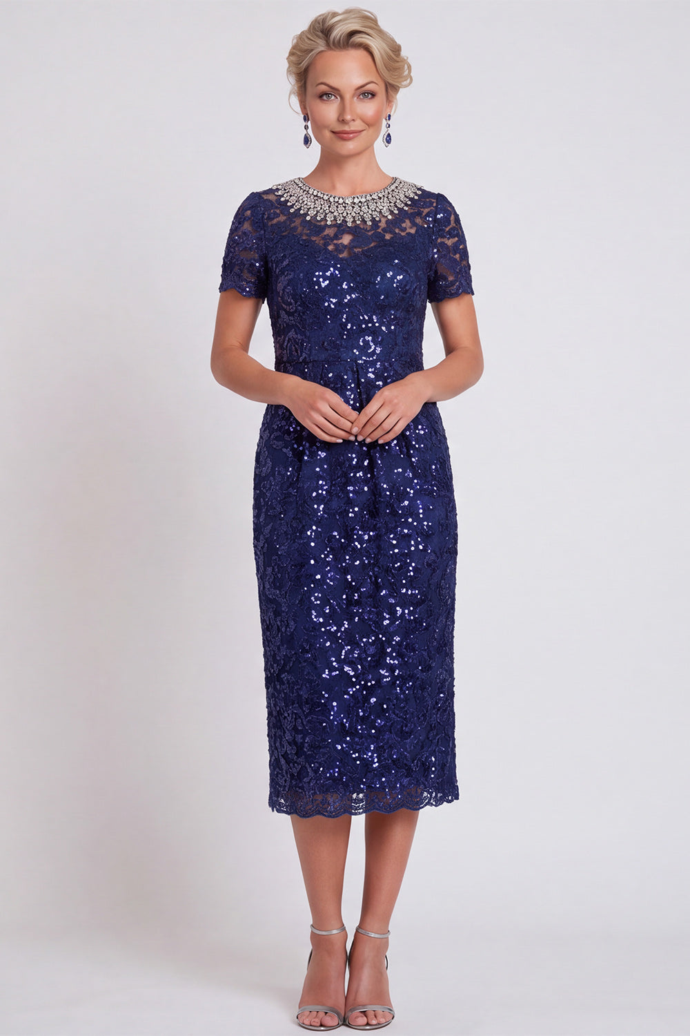 Black Sparkly Sequin Bodycon Midi Wedding Guest Dress with Sleeves