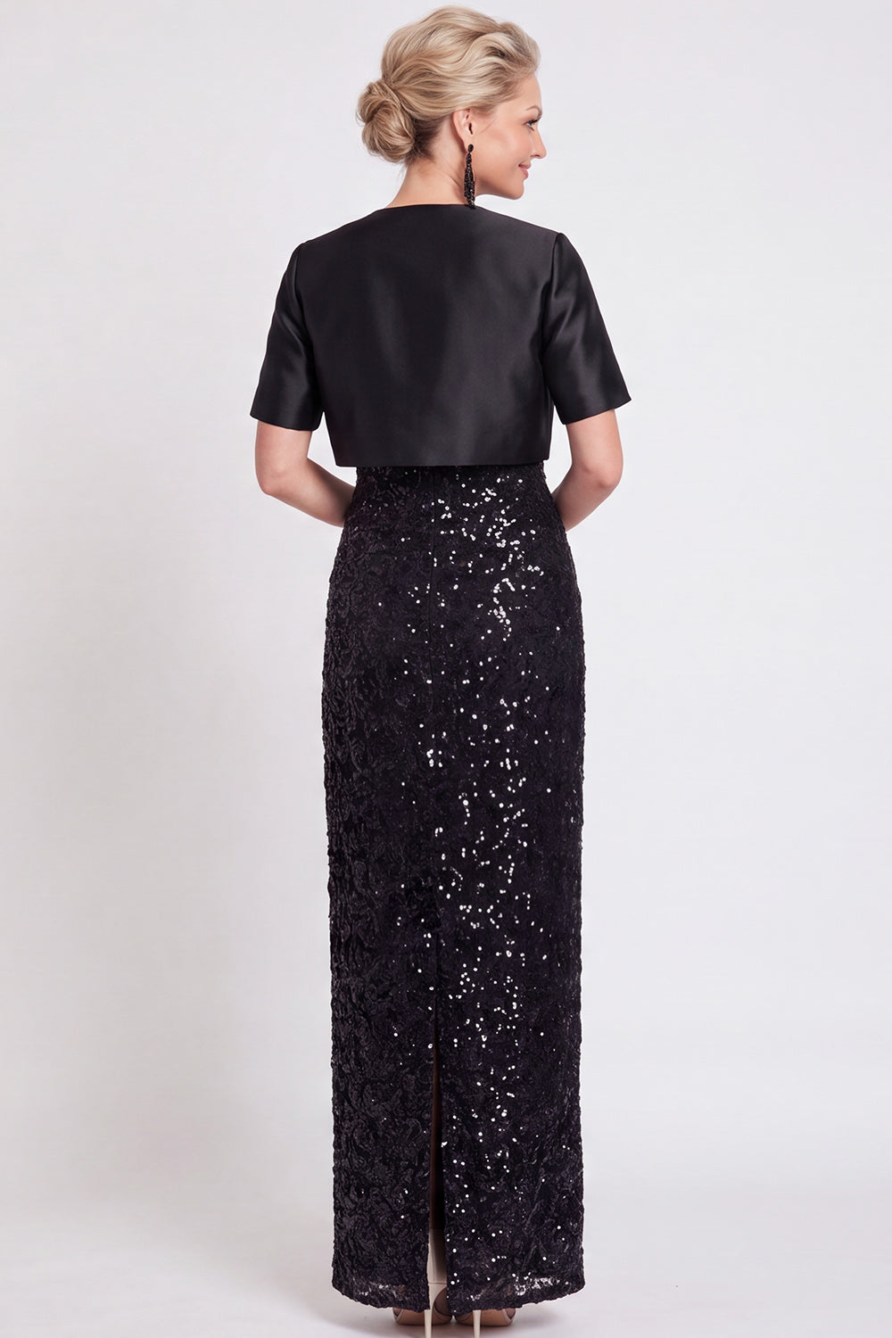 Navy Two Piece Sparkly Sequin Sheath Long Wedding Guest Dress with Jacket