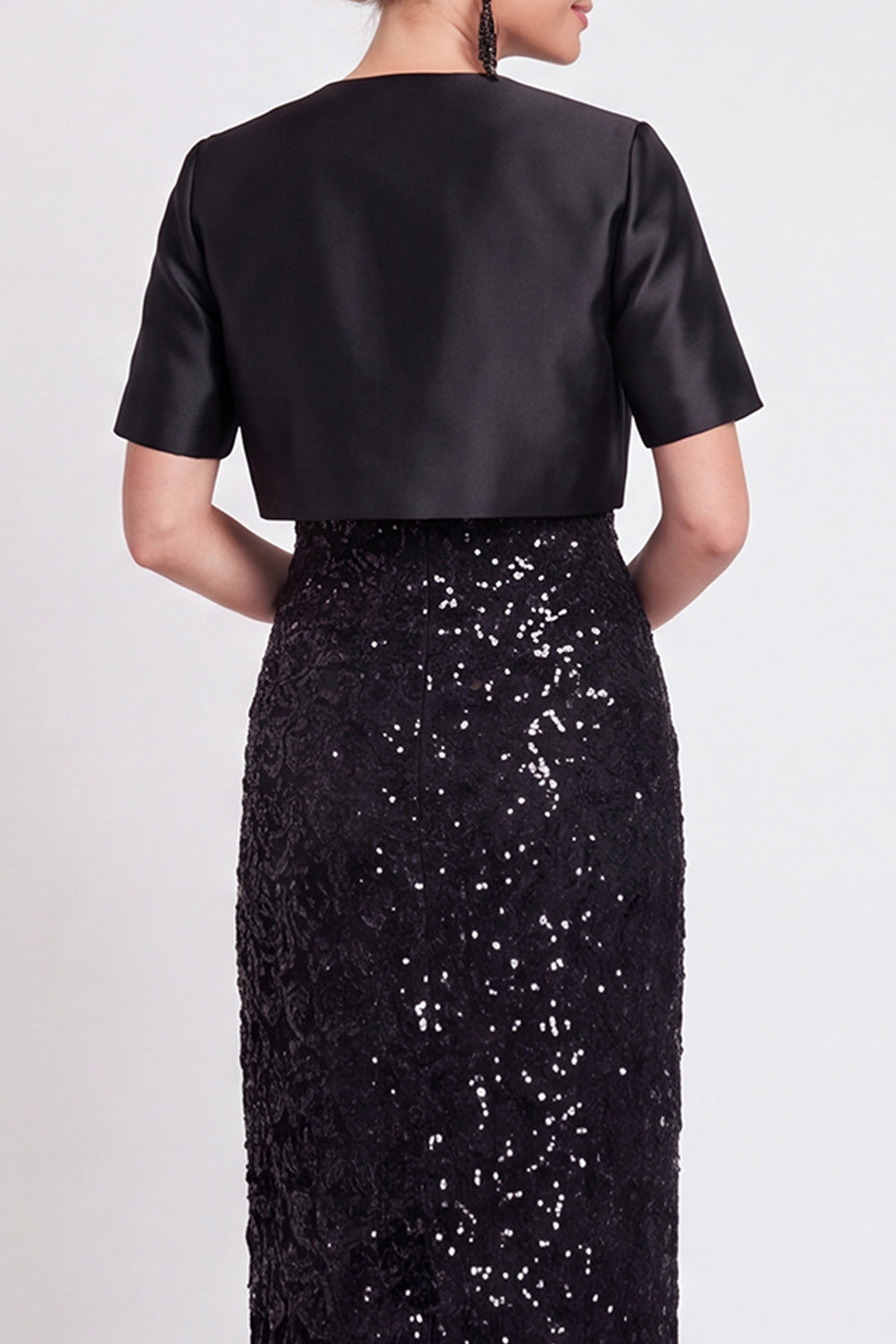 Navy Two Piece Sparkly Sequin Sheath Long Wedding Guest Dress with Jacket