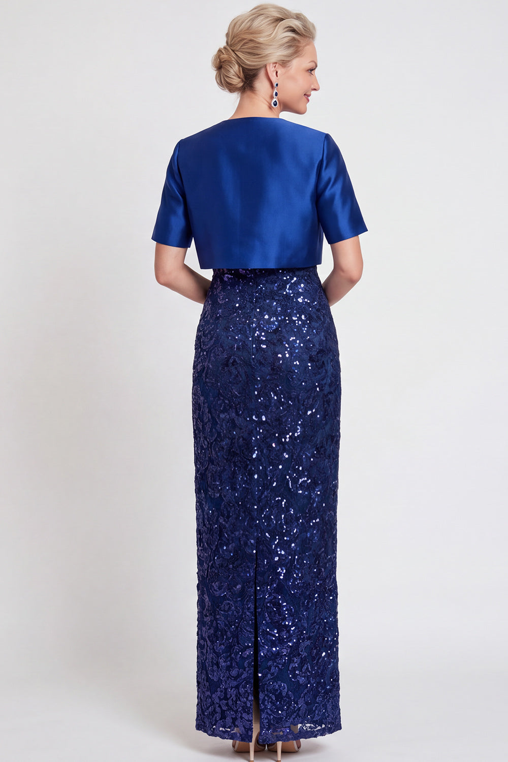 Navy Two Piece Sparkly Sequin Sheath Long Wedding Guest Dress with Jacket
