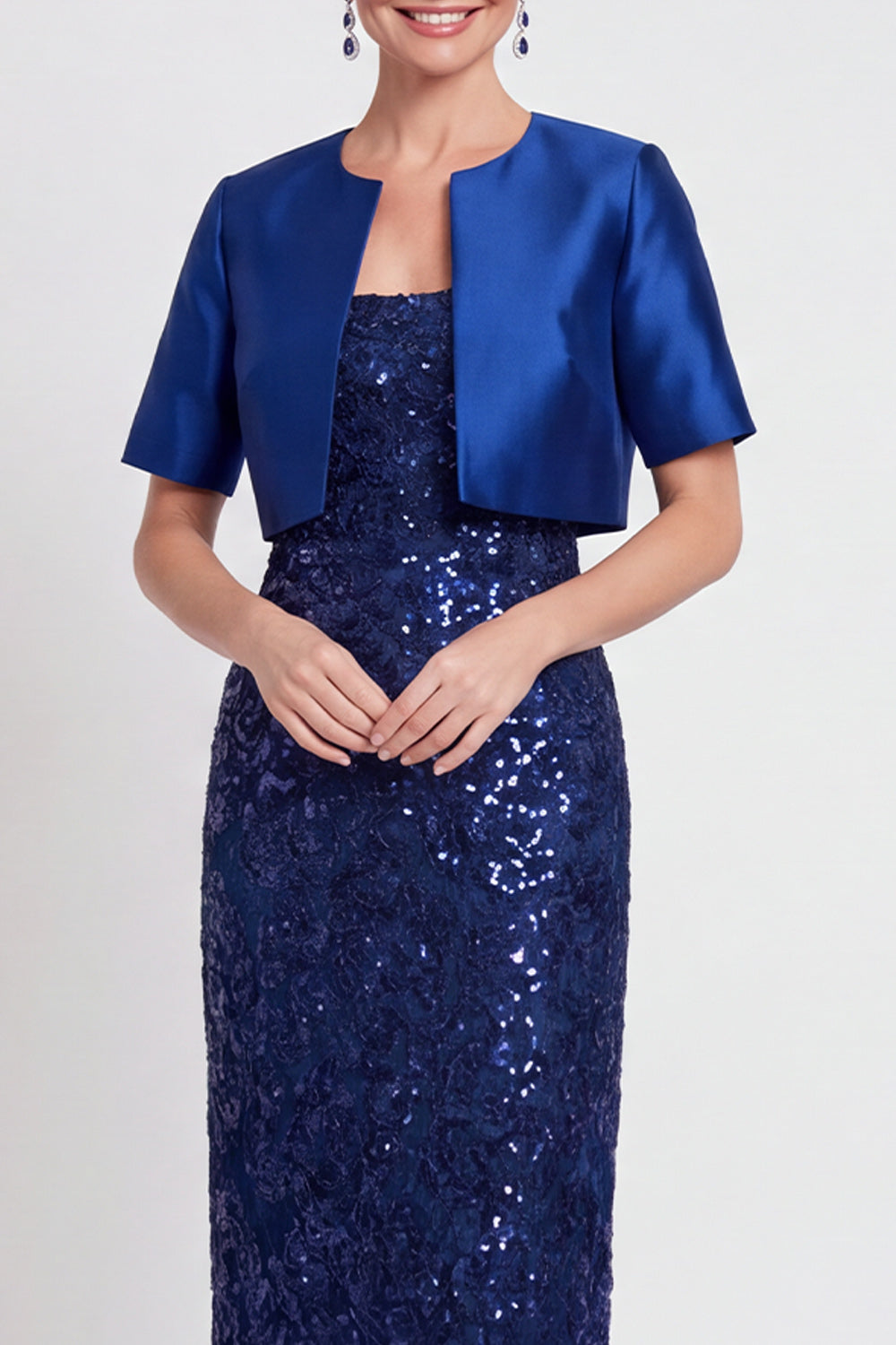 Navy Two Piece Sparkly Sequin Sheath Long Wedding Guest Dress with Jacket
